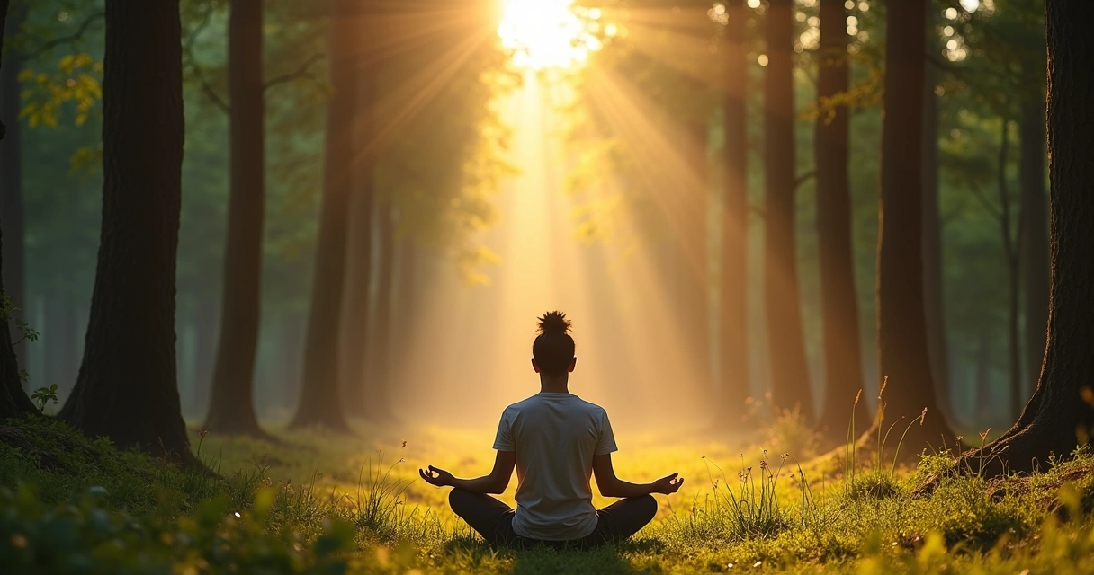Pessoa meditando sentada em uma floresta ao amanhecer 