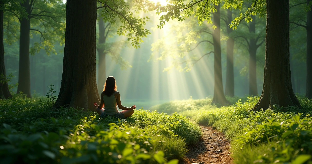 Pessoa meditando em floresta tranquila 