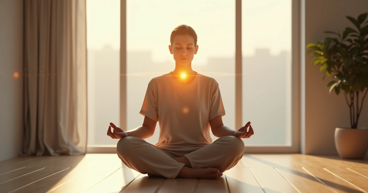 Pessoa meditando com foco em ponto de luz e fluxo suave de pensamentos ao redor 