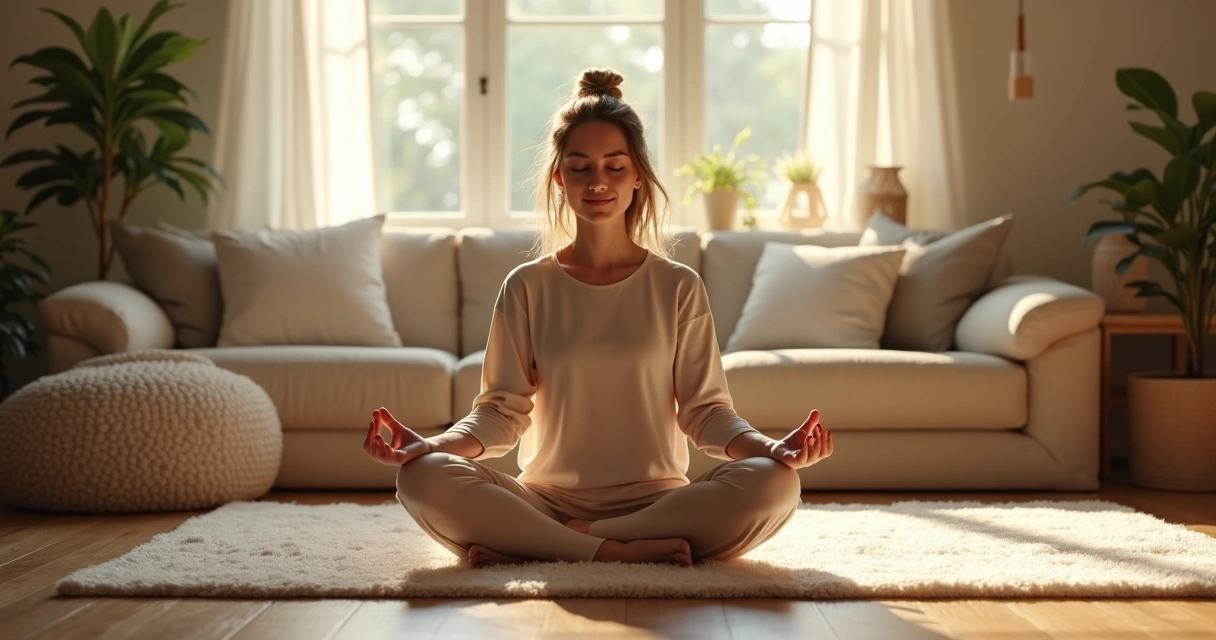 Pessoa meditando em casa, com leve sorriso, sentado no tapete, luz suave na sala