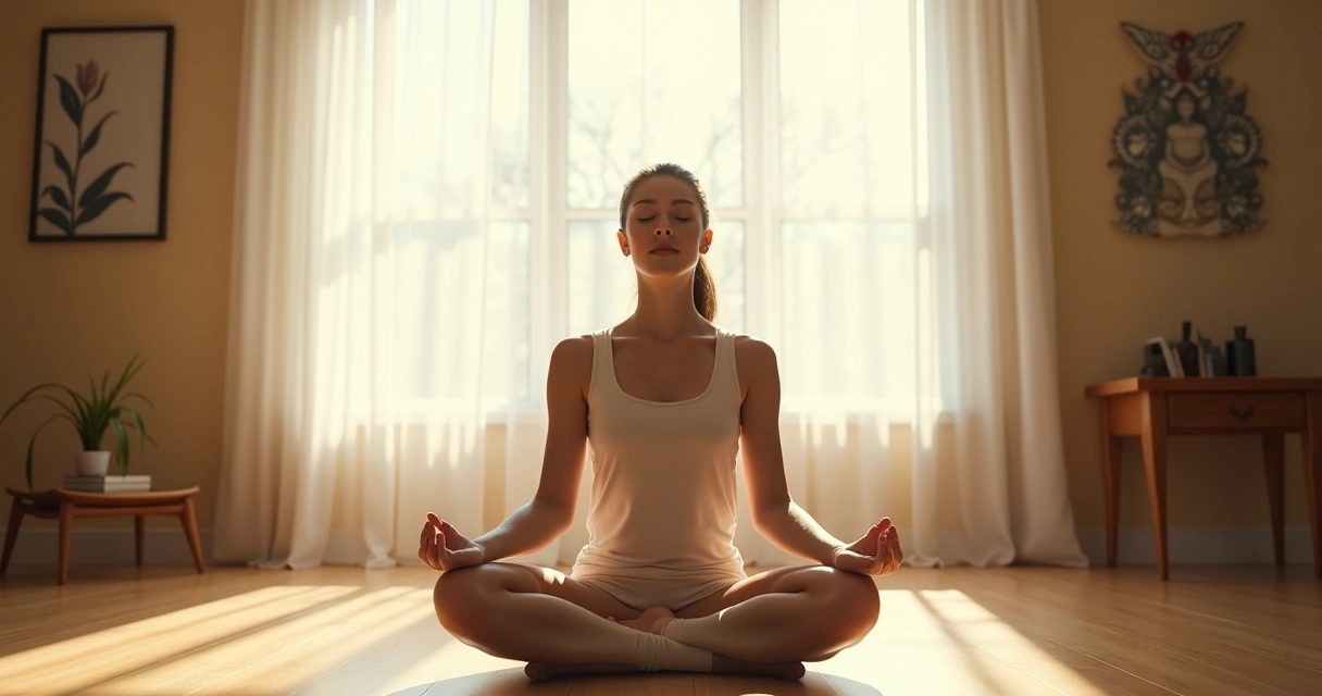 Pessoa meditando em posição de lótus com expressão serena em ambiente iluminado 