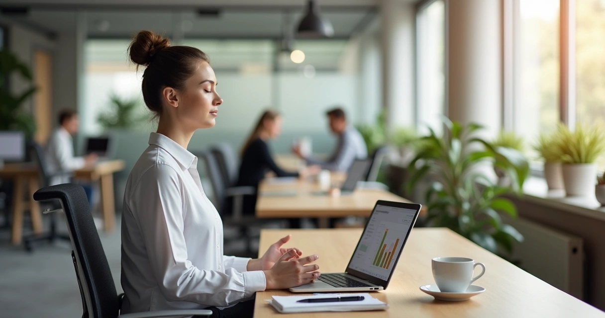 Profissional sentado em meditação na mesa de trabalho com foco e calma 