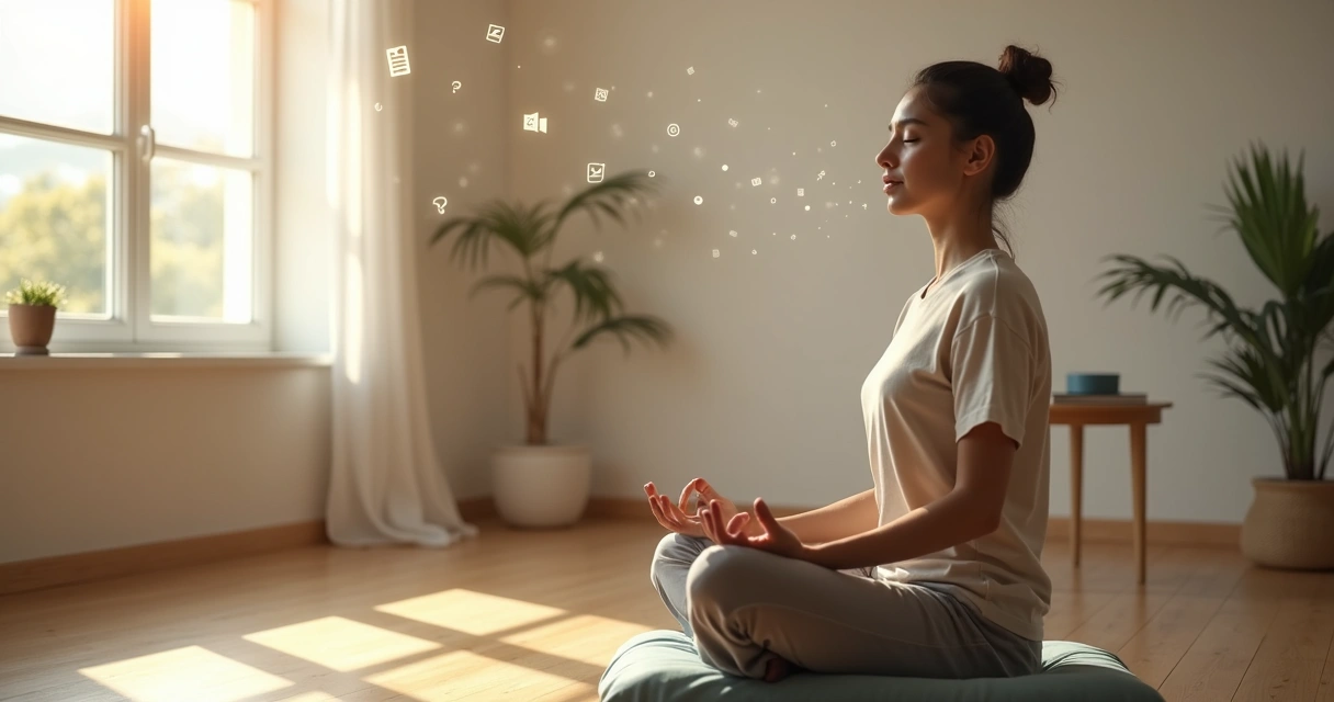 Pessoa sentada meditando em casa com olhos fechados e foco na respiração 