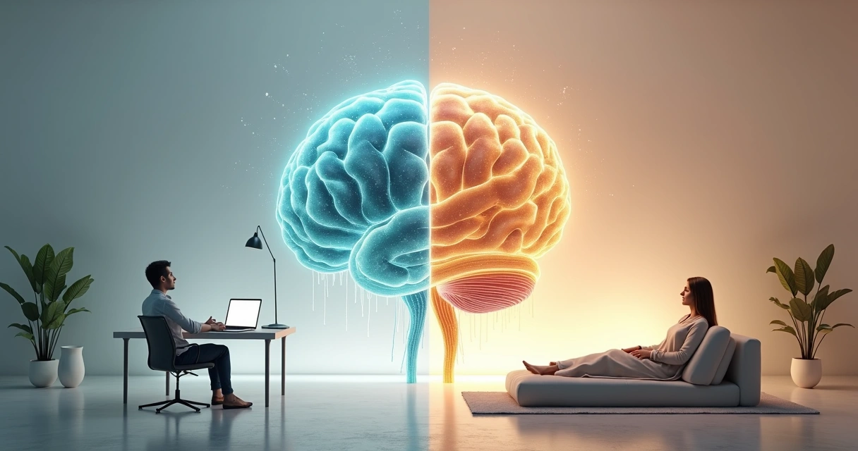 Cérebro dividido entre meditação para foco e para relaxar, em ambiente minimalista 