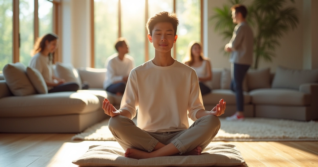 Pessoa meditando em posição de lótus em sala iluminada, com silhuetas desfocadas de pessoas conversando ao fundo 