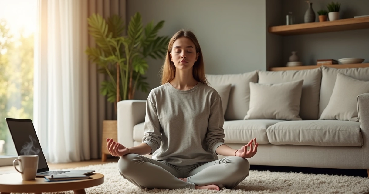 Pessoa meditando em casa com notebook e xícara de café ao lado 