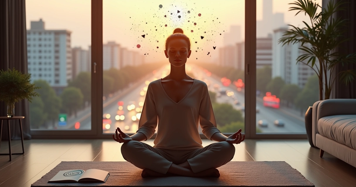 Pessoa em meditação em apartamento urbano com ilustrações sutis de estresse se dissolvendo 