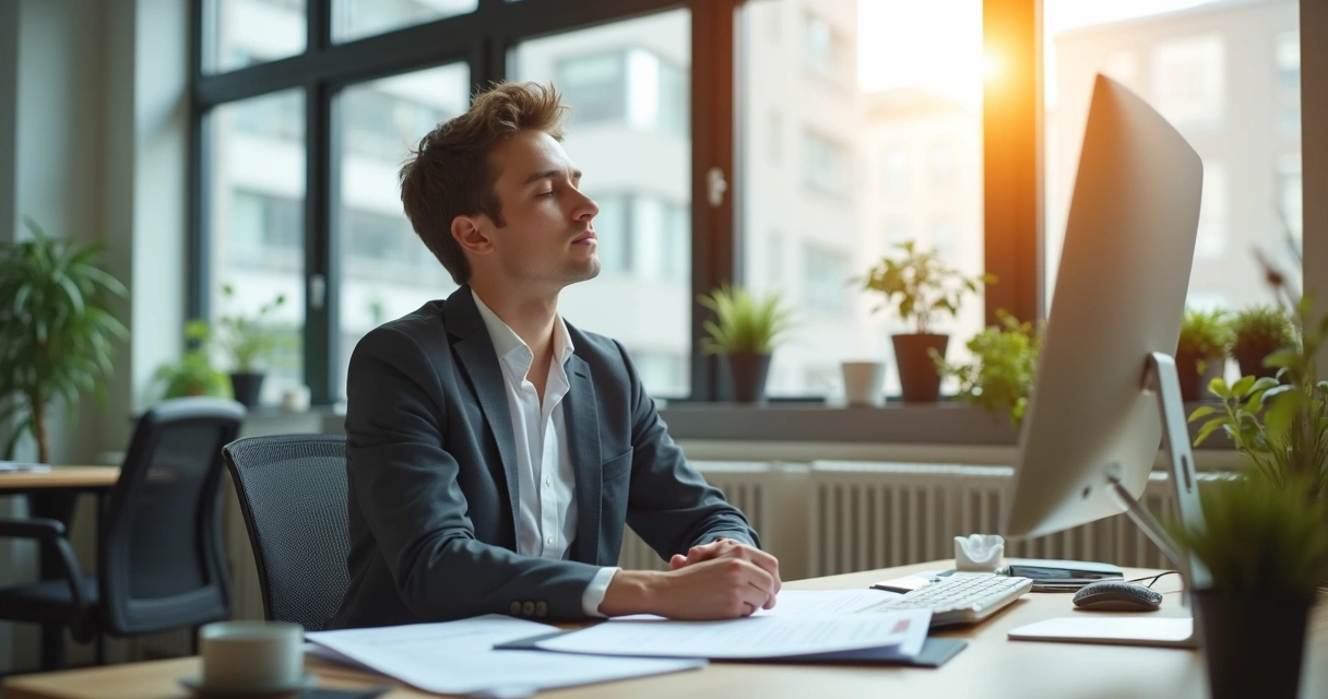 Gestor sentado em mesa de escritório, olhos fechados, mãos sobre o colo 
