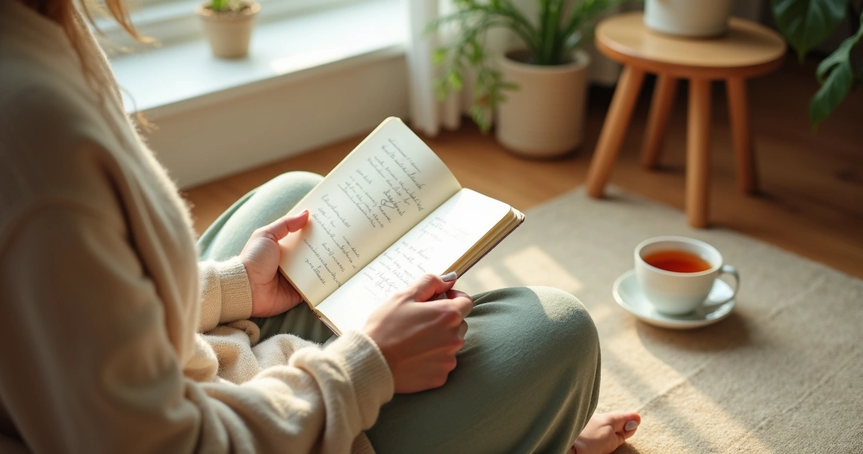Pessoa sentada com caderno de gratidão e chá ao lado
