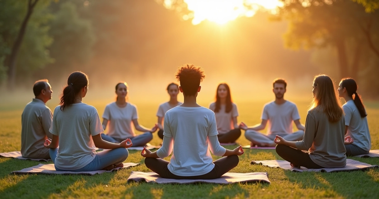 Grupo diverso meditando em círculo ao ar livre ao nascer do sol 