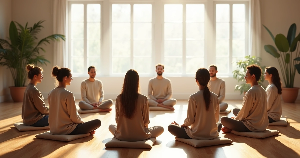 Pessoas sentadas em círculo durante meditação coletiva