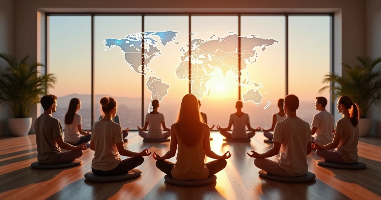 Grupo diverso meditando em círculo com conexões luminosas globais ao fundo 