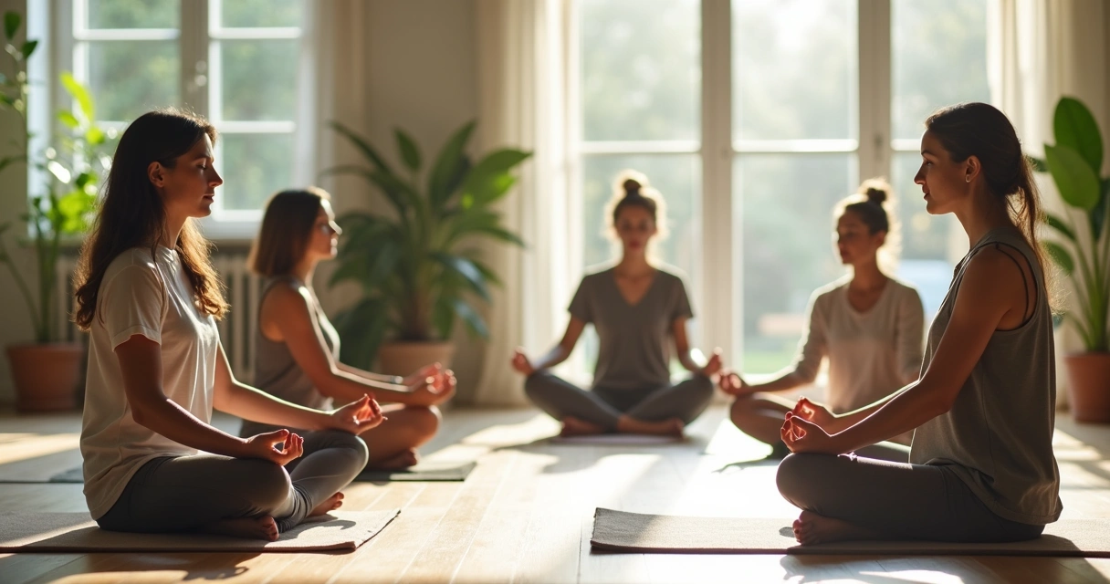 Grupo praticando meditação sentado em ambiente tranquilo durante crise 