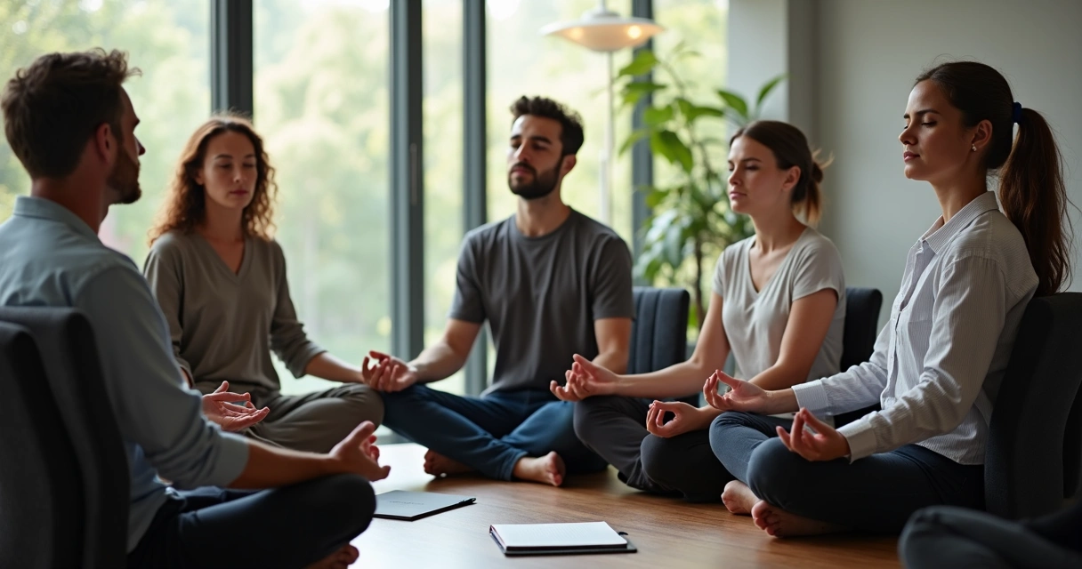 Pequeno grupo de profissionais sentados em círculo, meditando dentro de uma sala de reunião iluminada. 