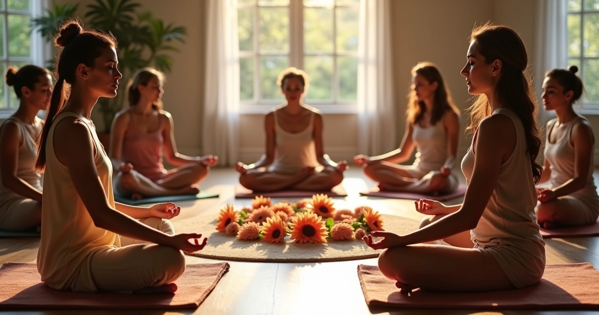 Grupo de mulheres sentadas meditando em círculo 
