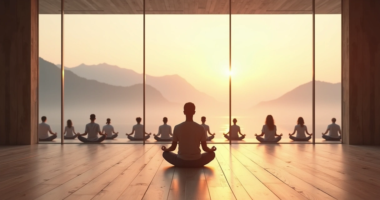 Pessoa meditando sozinha diante de vidro com reflexo formando grupo ao fundo de montanhas 