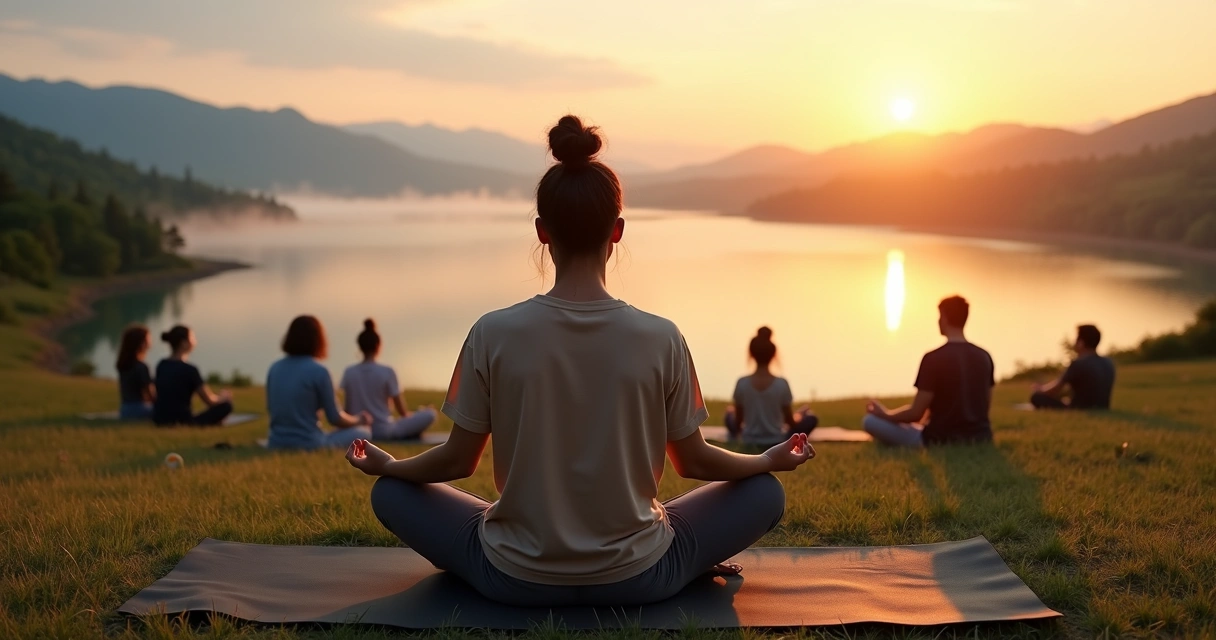 Pessoa meditando sozinha em primeiro plano e grupo meditando ao fundo em ambiente natural 