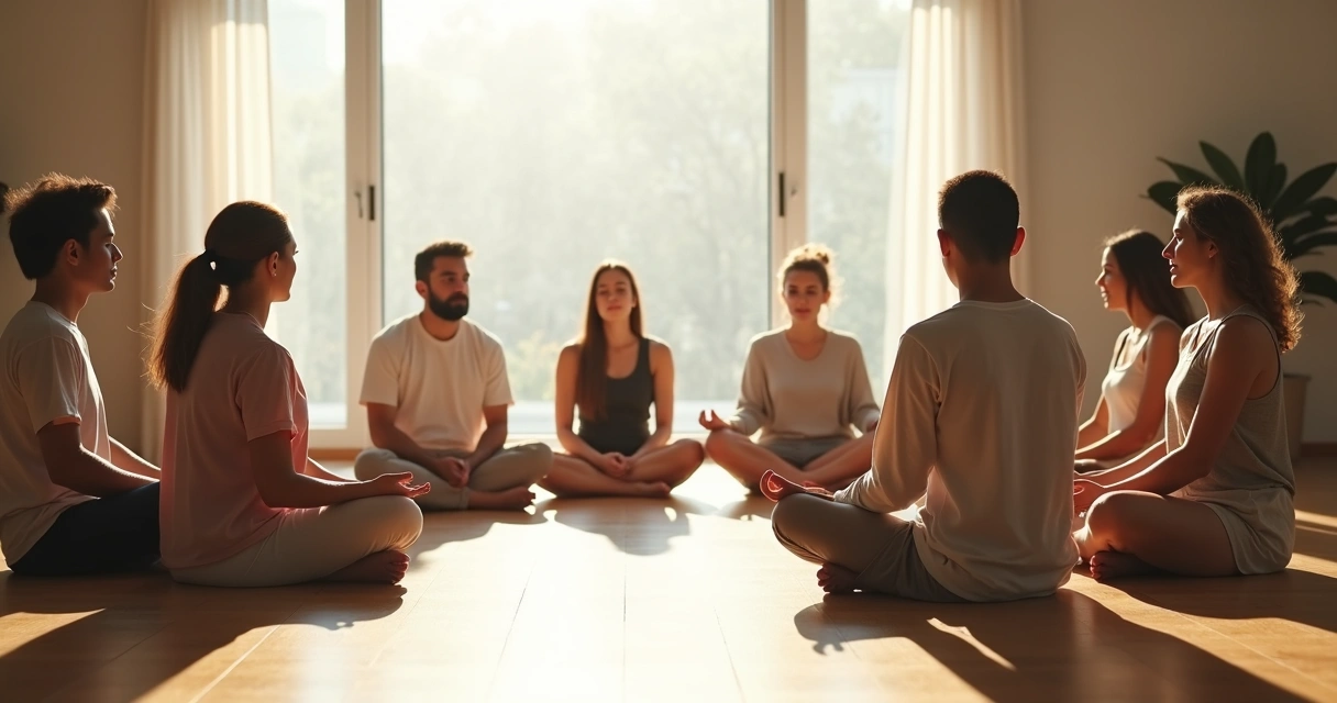 Grupo meditando sentado em círculo em uma sala iluminada 