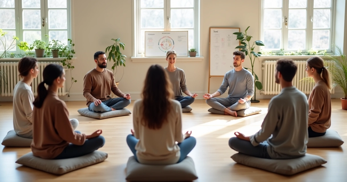Grupo em círculo praticando meditação guiada em sala ampla e iluminada 