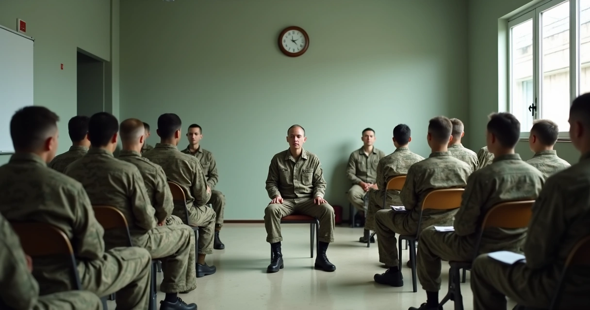 Grupo em prática guiada de respiração em sala militar 