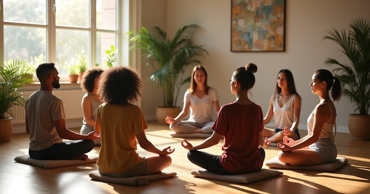 Pessoas de diferentes culturas praticando meditação juntas sentadas em círculo. 