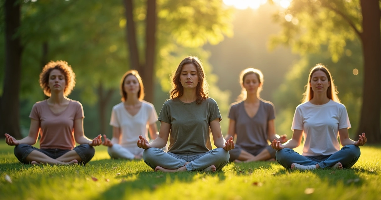 Pessoas meditando em grupo ao ar livre em meio à natureza