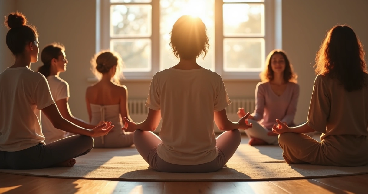 Grupo de pessoas sentadas em círculo meditando juntas