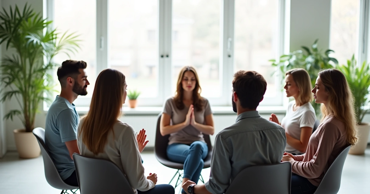 Grupo de pessoas sentado em círculo praticando respiração consciente durante planejamento de projeto 