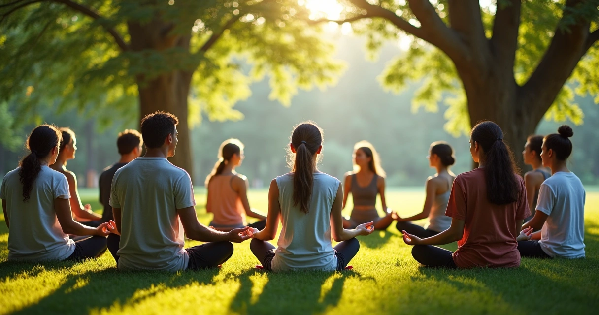 Pessoas meditando em grupo ao ar livre, rodeados por árvores e sentados em círculo 