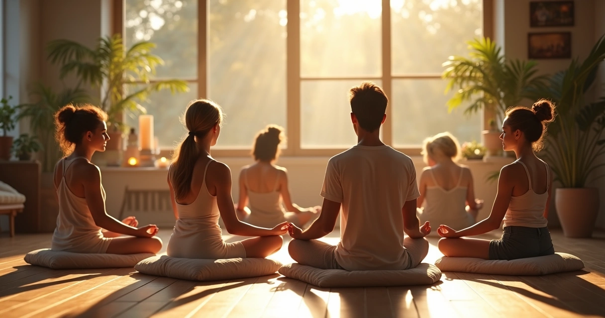 Pessoas em círculo meditando em sala iluminada e tranquila 