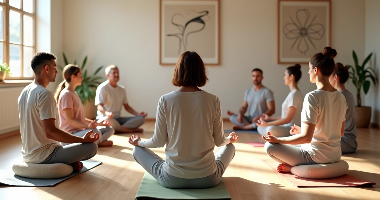 Grupo de pessoas meditando sentadas em círculo em uma sala clara e acolhedora 
