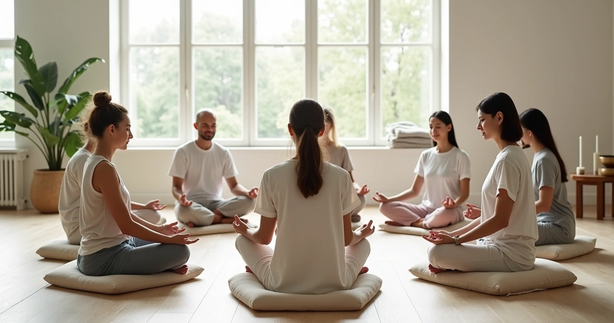 Grupo diverso sentado em círculo meditando em uma sala iluminada 