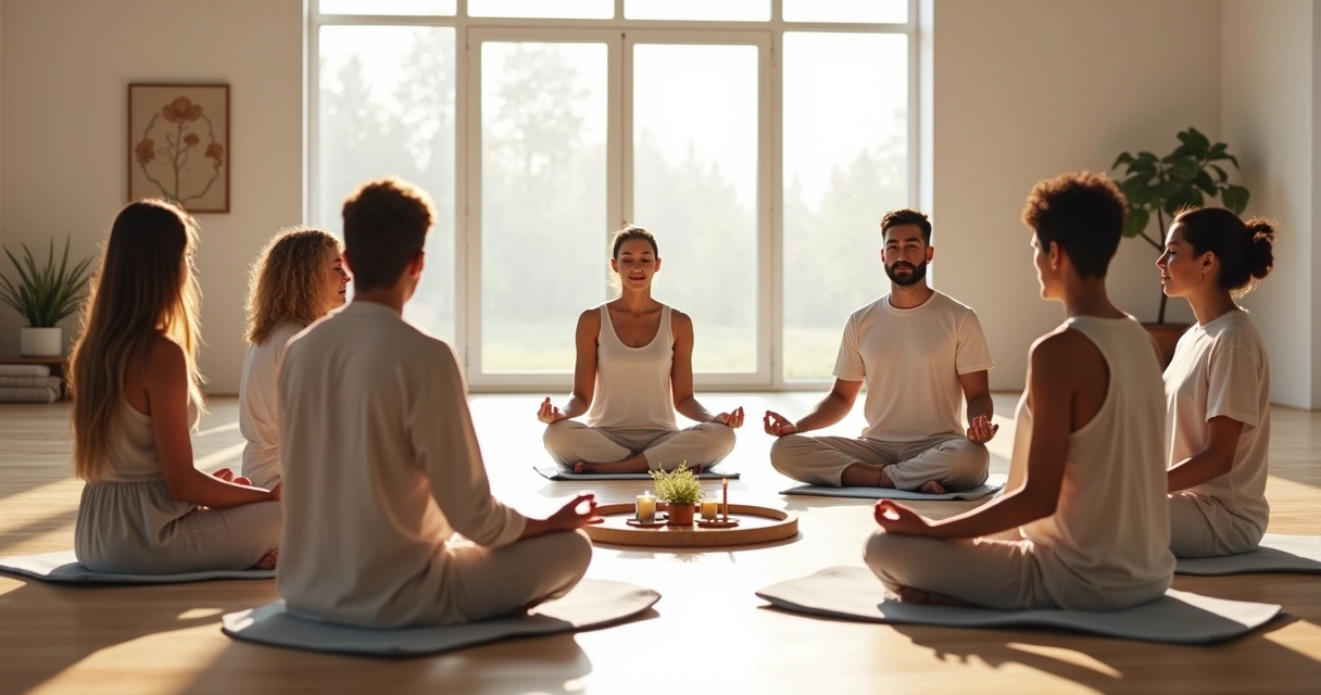 Grupo diverso sentado em círculo meditando em sala clara com luz natural 