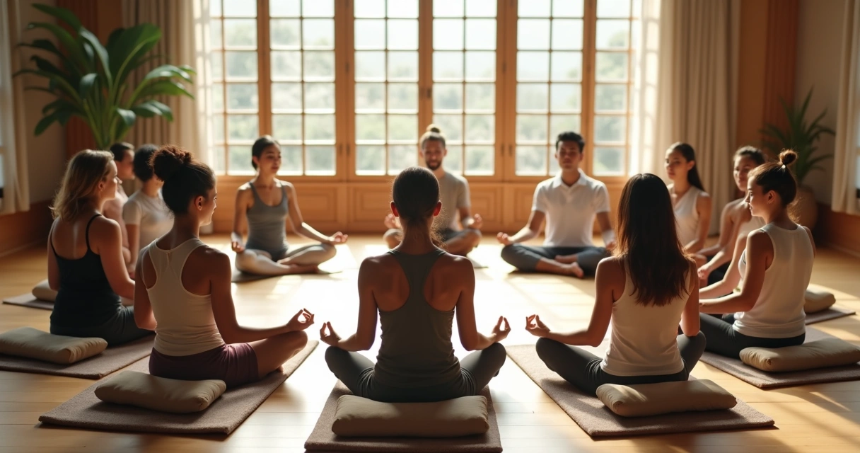 Grupo de pessoas sentadas em círculo meditando juntos 