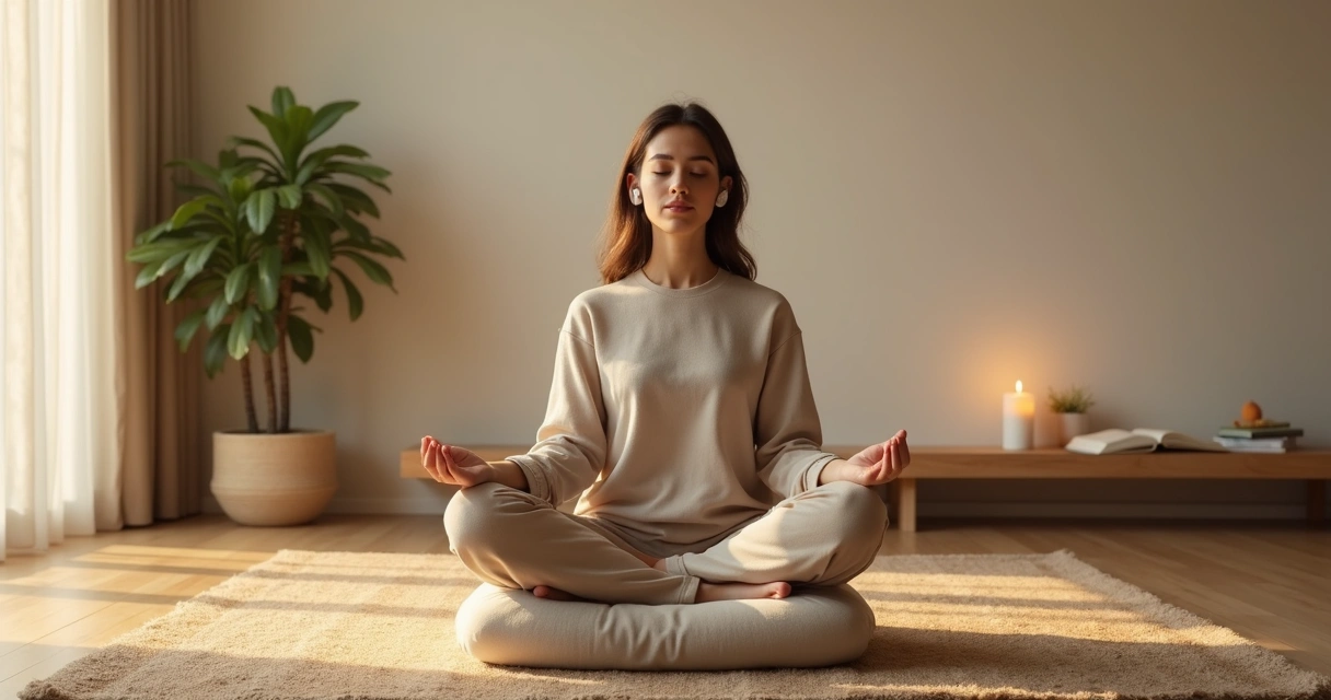 Pessoa em meditação guiada sentada em sala minimalista iluminada ao entardecer 