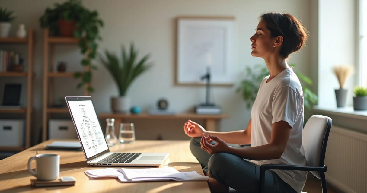 Pessoa sentada meditando em frente a mesa com notebook e papéis de trabalho 