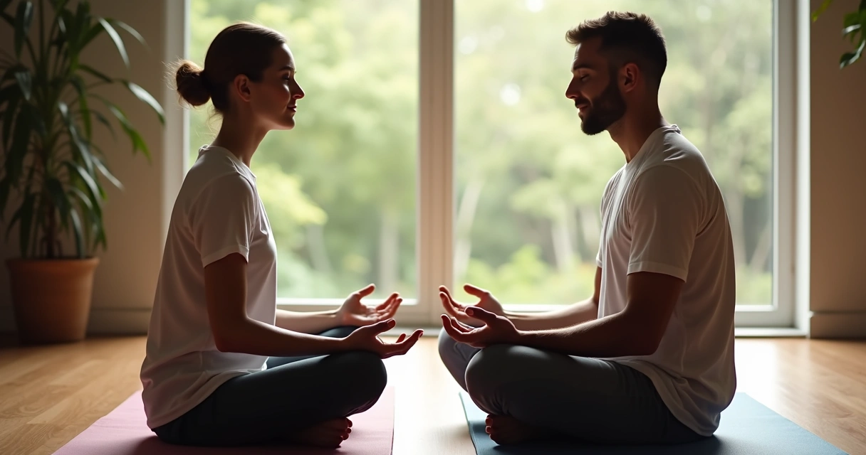 Duas pessoas sentadas frente a frente meditando, mãos abertas e olhos fechados 