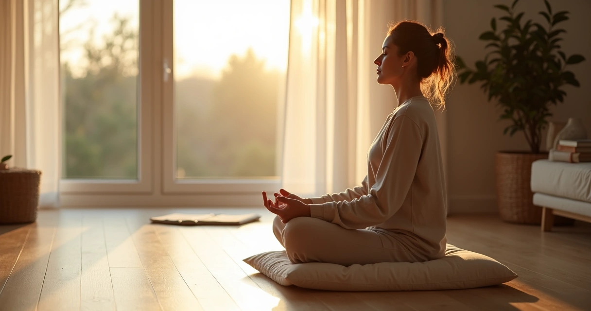 Pessoa sentada meditando em casa com luz suave pela janela 