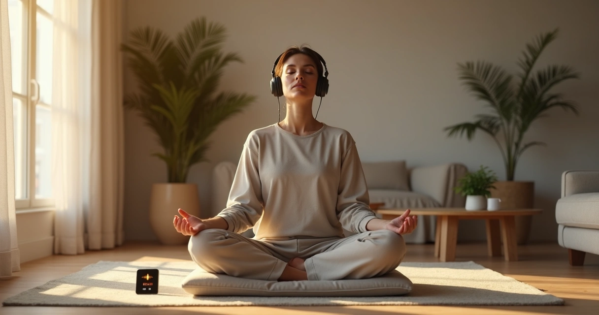 Pessoa sentada em meditação guiada com fones de ouvido em sala tranquila 