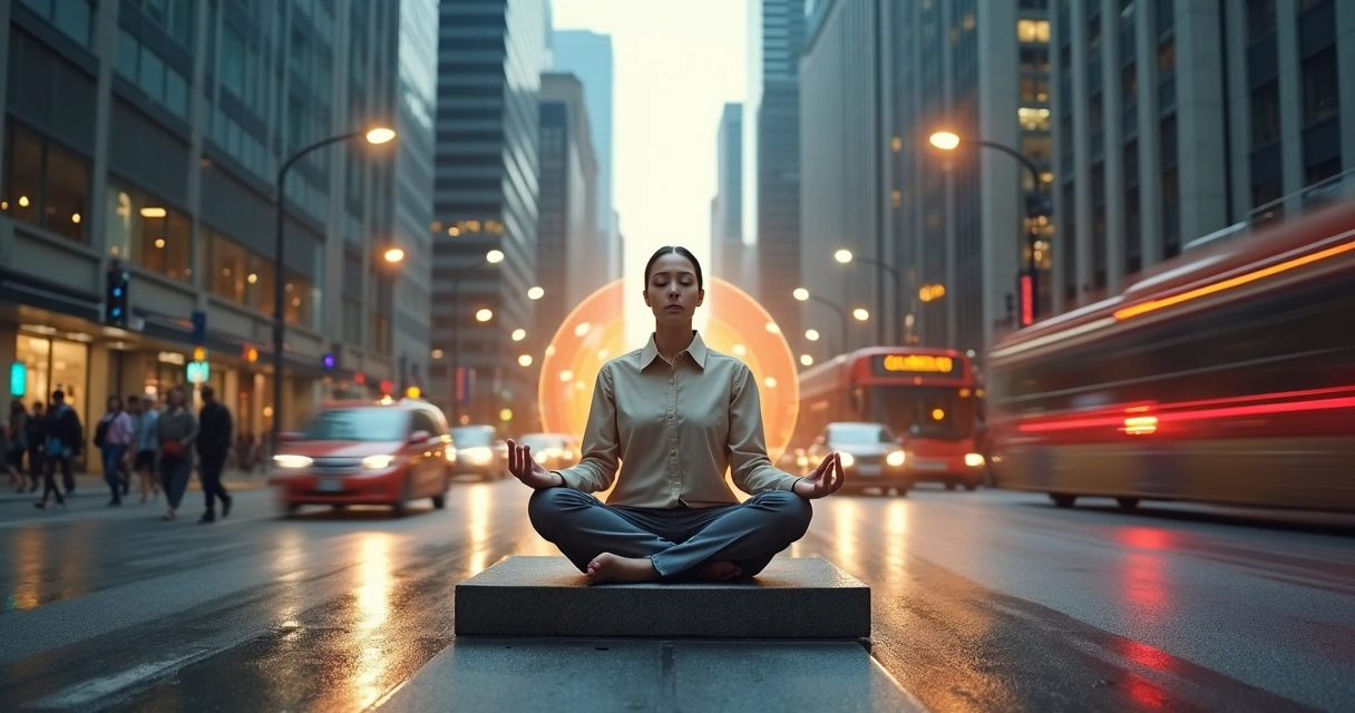 Pessoa meditando em meio a cidade caótica com foco de luz tranquila ao redor 