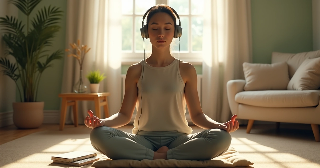 Pessoa meditando em sala tranquila com fones de ouvido 