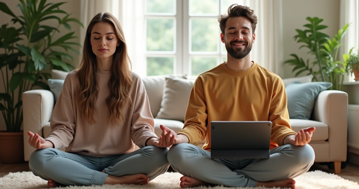 Casal sentado no tapete da sala, praticando meditação guiada com tablet à frente