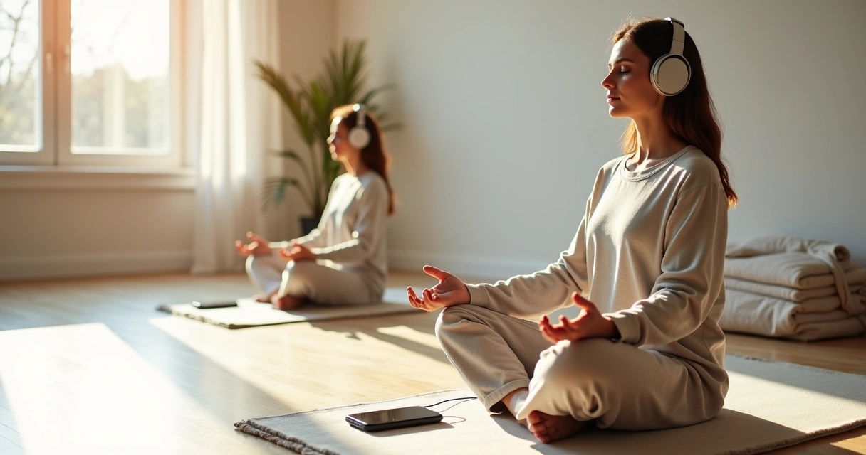 Mulher meditando com fones de ouvido enquanto outra versão dela medita em silêncio ao fundo 