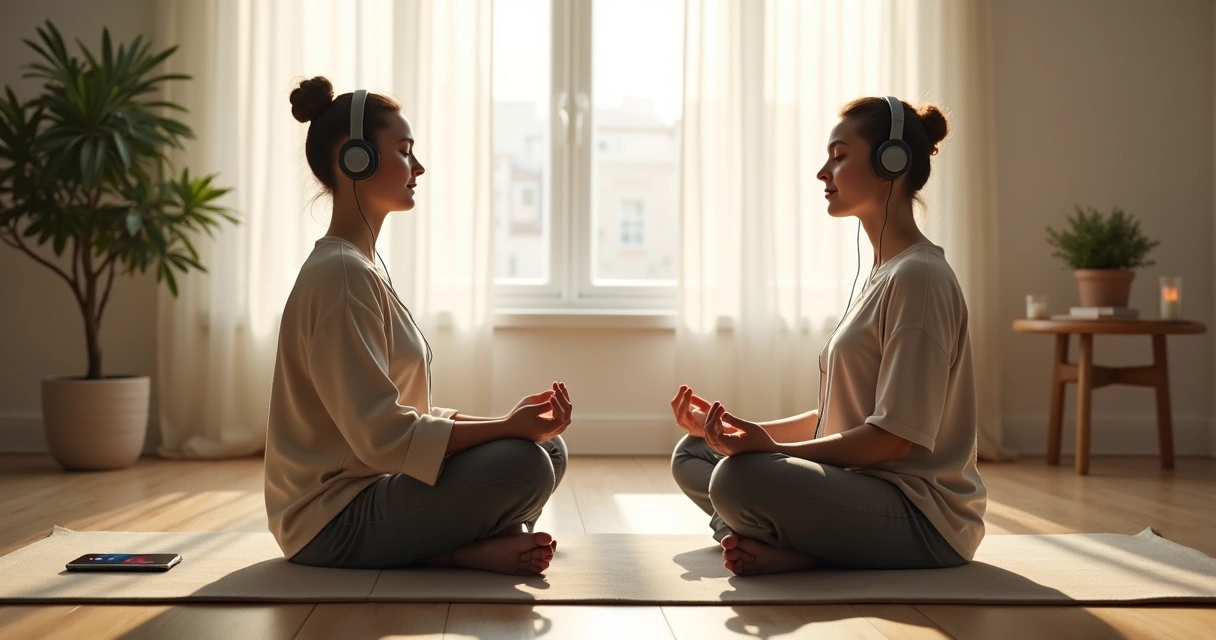 Pessoa meditando com fones de ouvido e outra meditando em silêncio lado a lado 