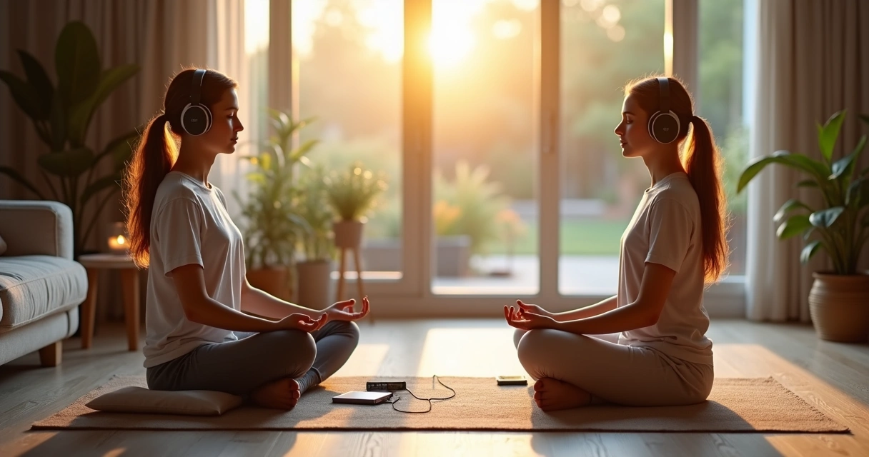 Pessoa meditando com fones de ouvido de um lado e em silêncio do outro, simbolizando meditação guiada e autoguiada 
