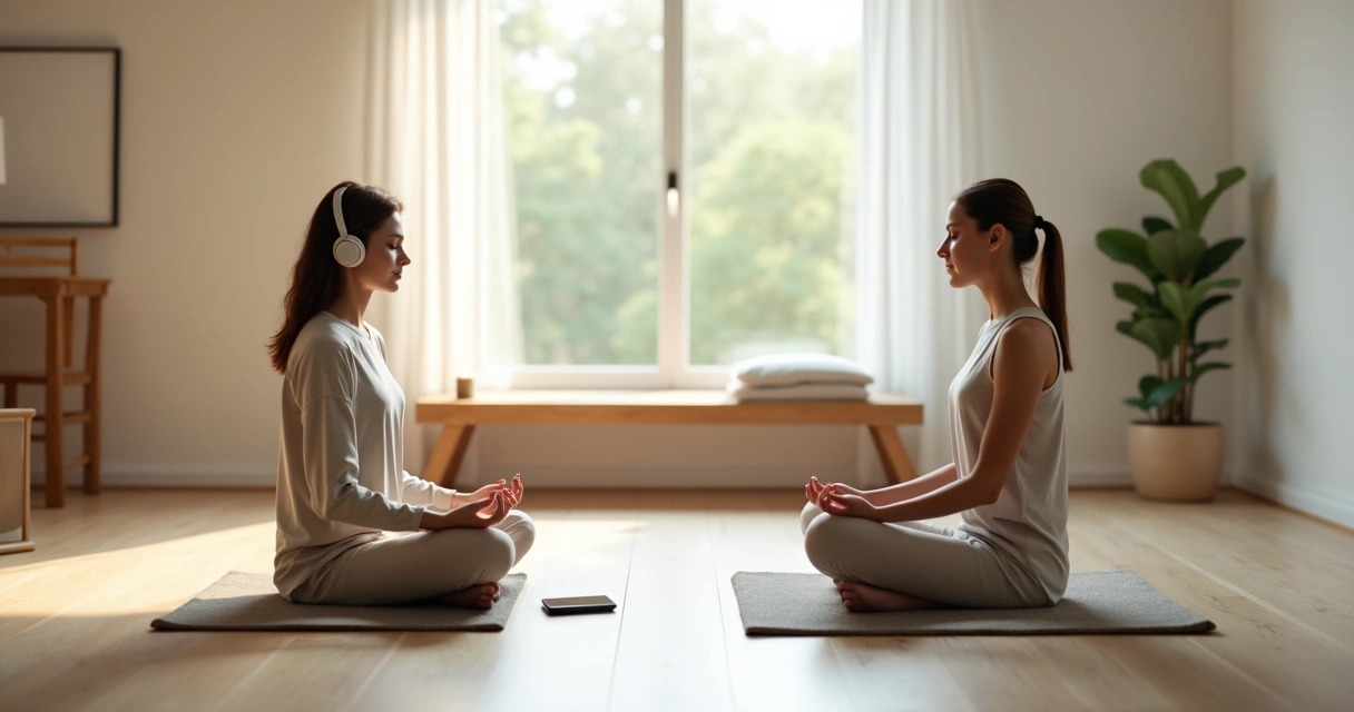 Mulher meditando com fone de ouvido diante de outra pessoa meditando em silêncio 