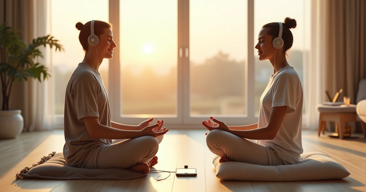 Pessoa meditando com fones de ouvido e outra em silêncio ao lado 