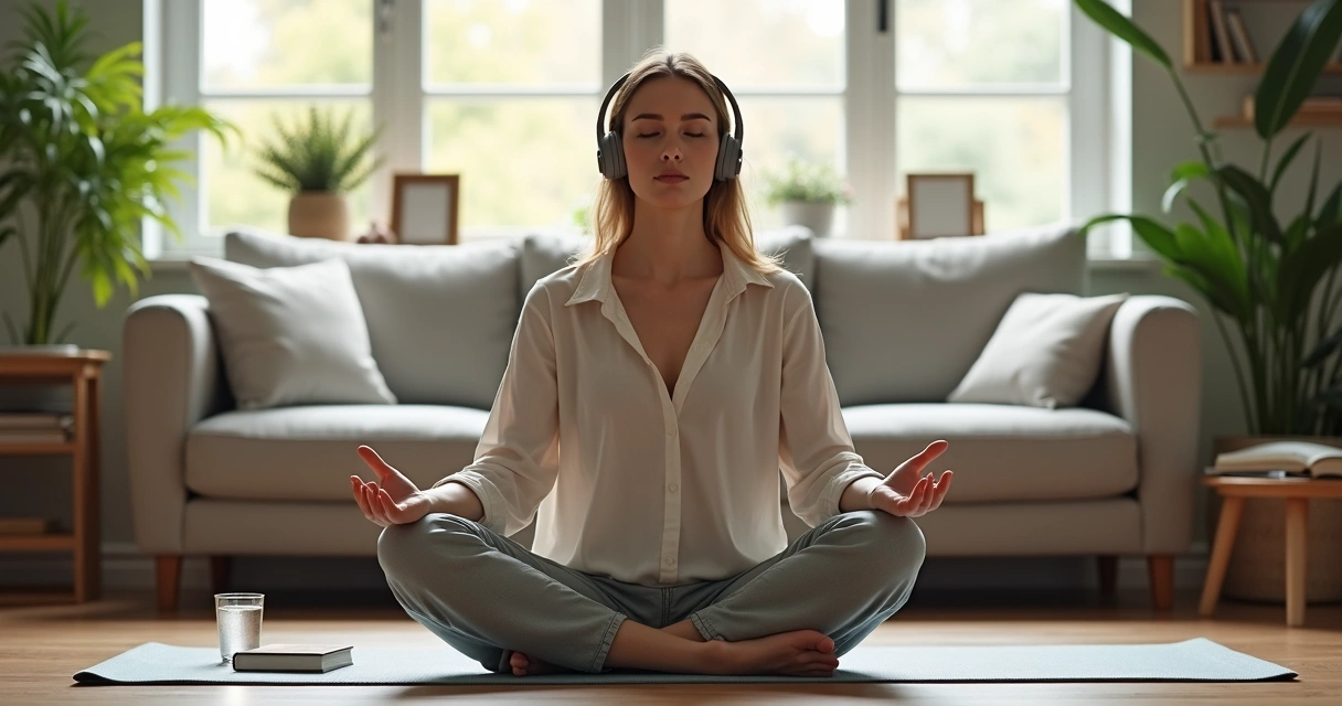 Mulher meditando com fone de ouvido de um lado e sem fone do outro lado em ambiente calmo 
