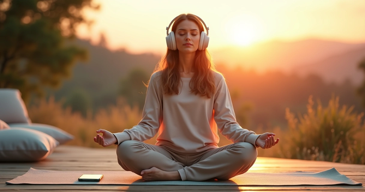 Mulher meditando com um lado guiado por fones e outro em silêncio na natureza 