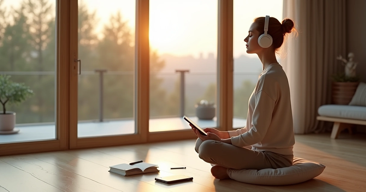 Mulher sentada meditando com fones de ouvido em sala iluminada ao amanhecer 